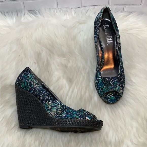 Sam & Libby Mon Ami Print Peep Toe Wedge Sz 8 - Picture 1 of 6